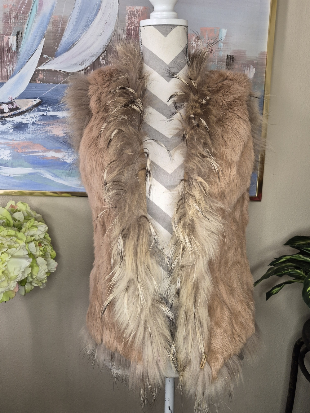 Vintage Women's Rabbit Fur Vest With Racoon Trim